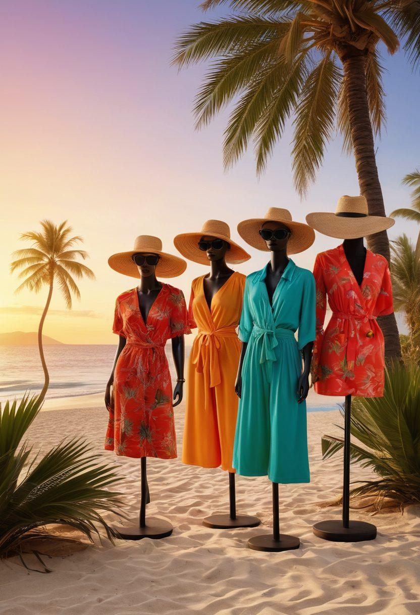 A stylish beach scene featuring an array of colorful beachwear and elegant resort wear garments displayed on mannequins surrounded by palm trees and sandy shores. Include accessories like wide-brimmed hats and sunglasses to enhance the fashionable vibe. A beautiful sunset in the background adds warmth and relaxation to the atmosphere. super-realistic. vibrant colors. tropical theme.
