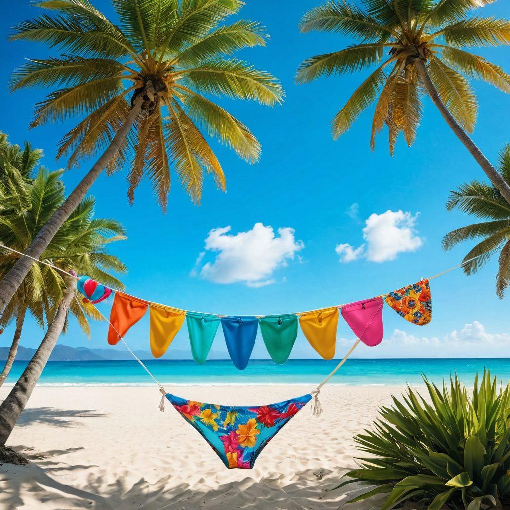 A picturesque tropical beach scene featuring a diverse array of colorful bikinis displayed on a line strung between palm trees. In the background, crystal-clear turquoise waters and lush greenery create an inviting atmosphere. Sunlight casts playful shadows while beach accessories like sunglasses, a wide-brimmed hat, and a beach ball add to the fun vibe. Include vibrant tropical flowers and a clear blue sky to enhance the aesthetics. bright, vibrant colors. 3D. summer vibe.